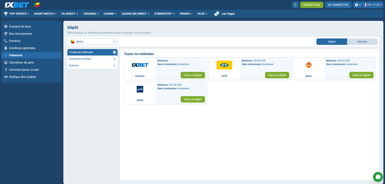 Méthodes de paiement 1xBet Bénin