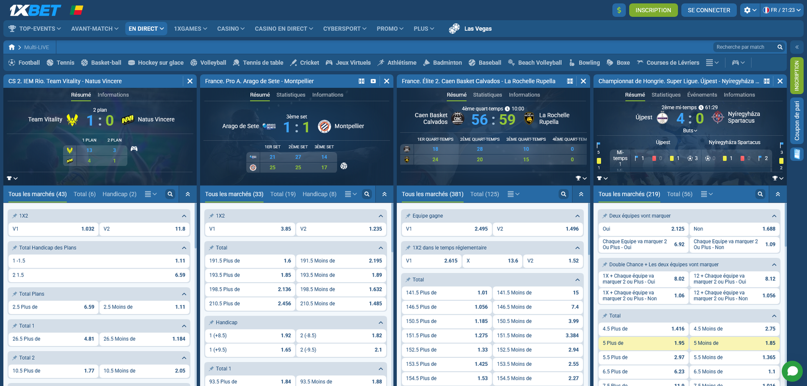 Interface live betting 1xBet Bénin