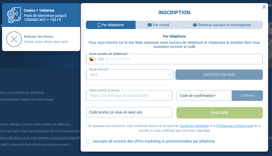 Formulaire d’inscription 1xBet Bénin avec code promo