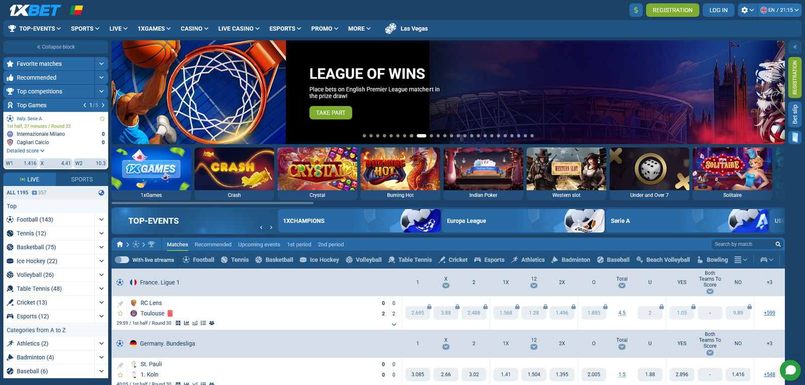 Capture d’écran homepage 1xBet Bénin