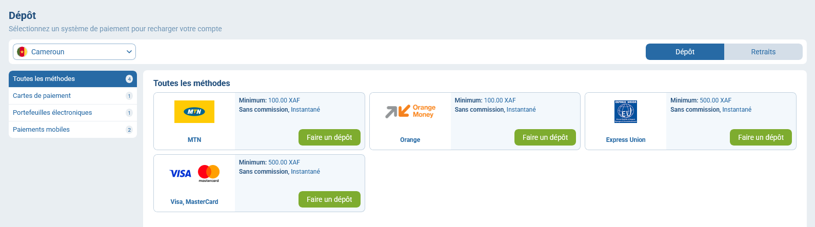 Méthodes de paiement 1xBet Cameroun