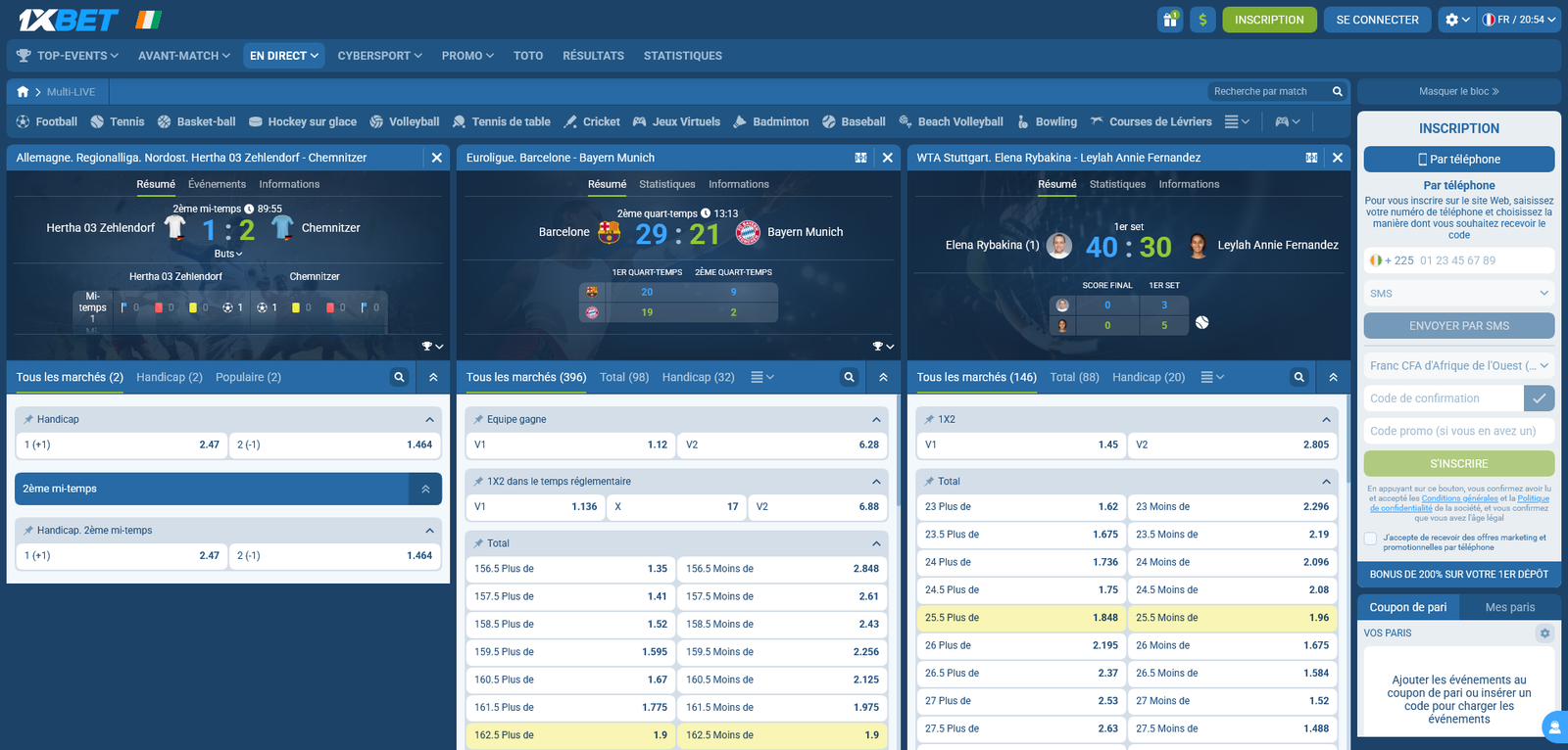 Interface live betting 1xBet Côte d’Ivoire