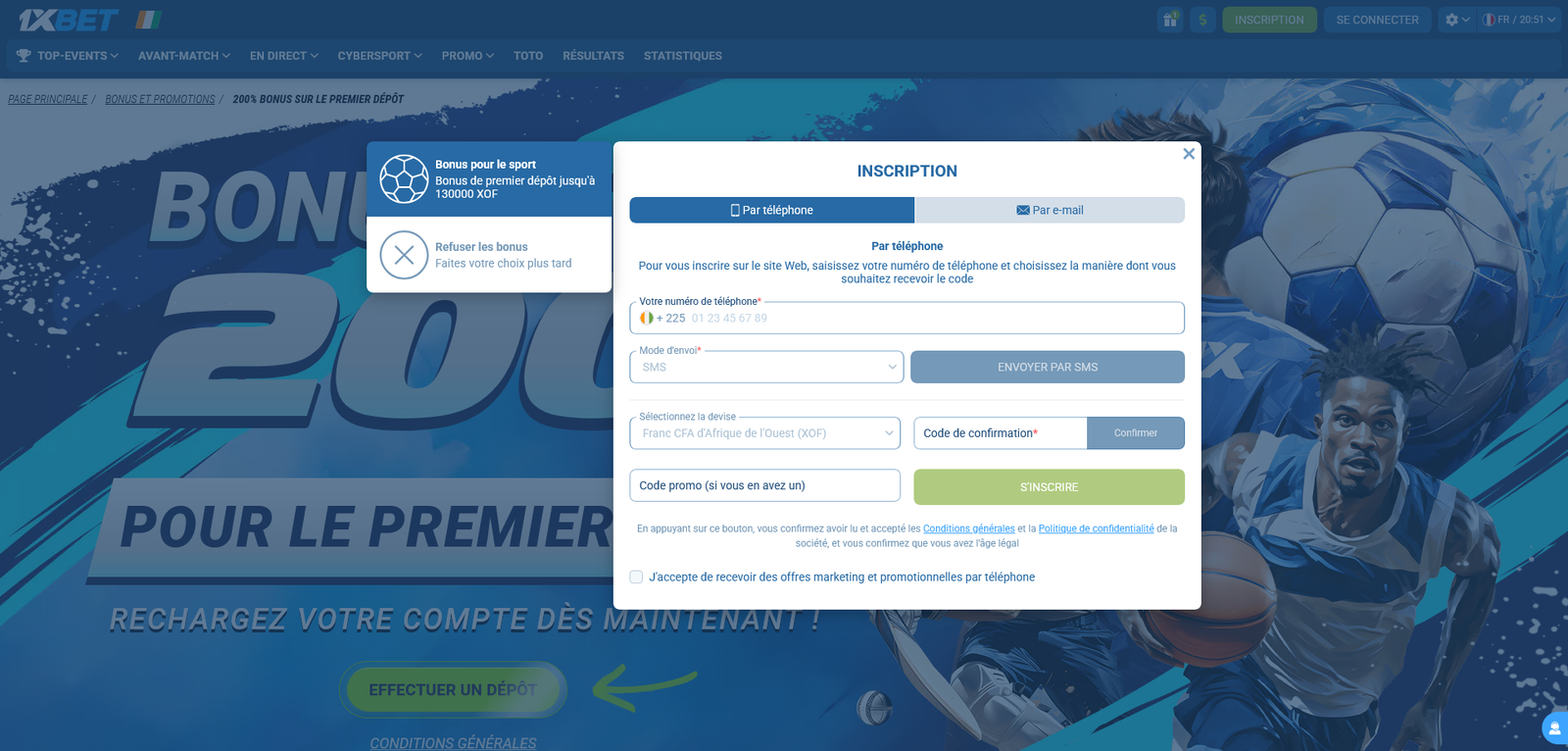 Formulaire d’inscription 1xBet Côte d’Ivoire avec code promo