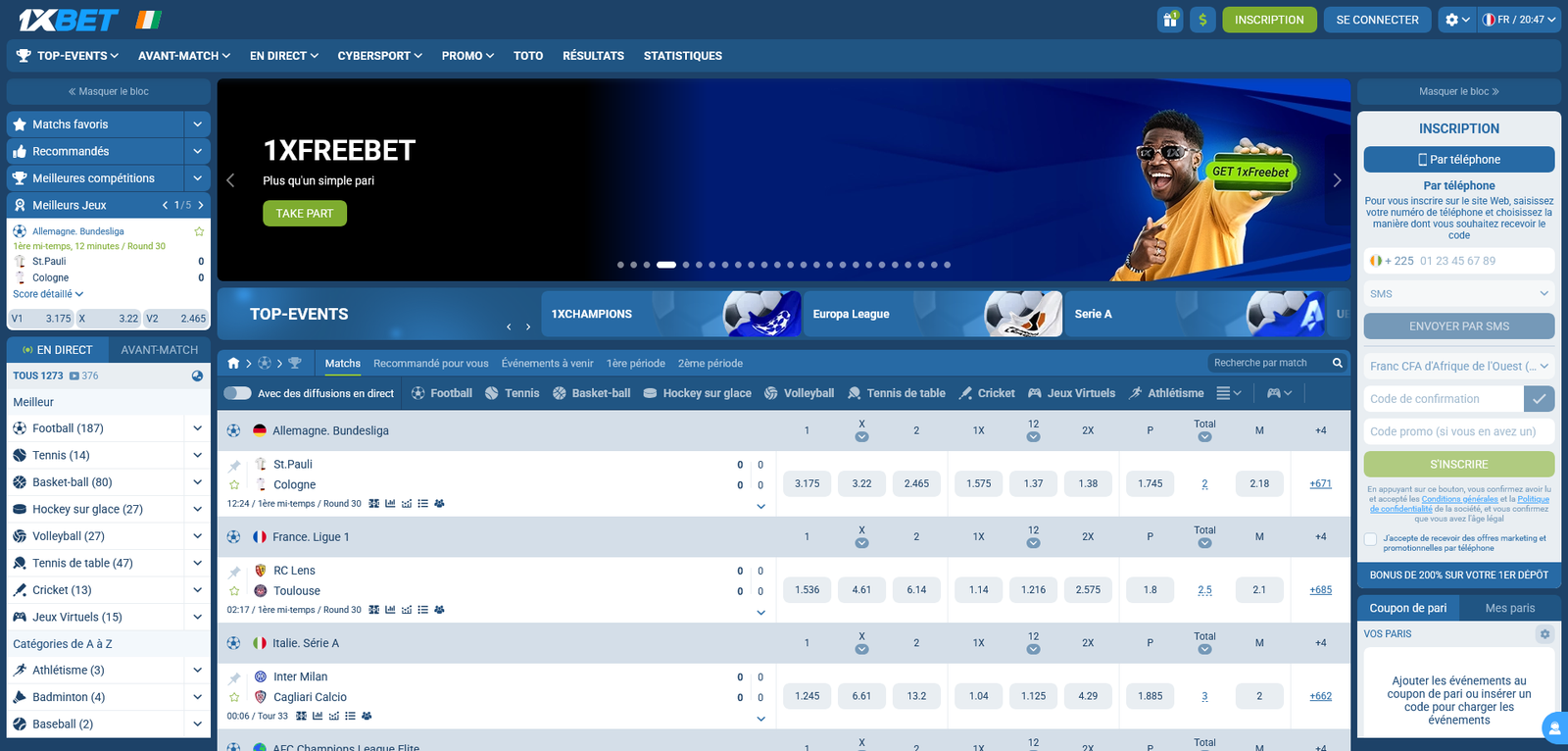 Capture d’écran homepage 1xBet Côte d’Ivoire