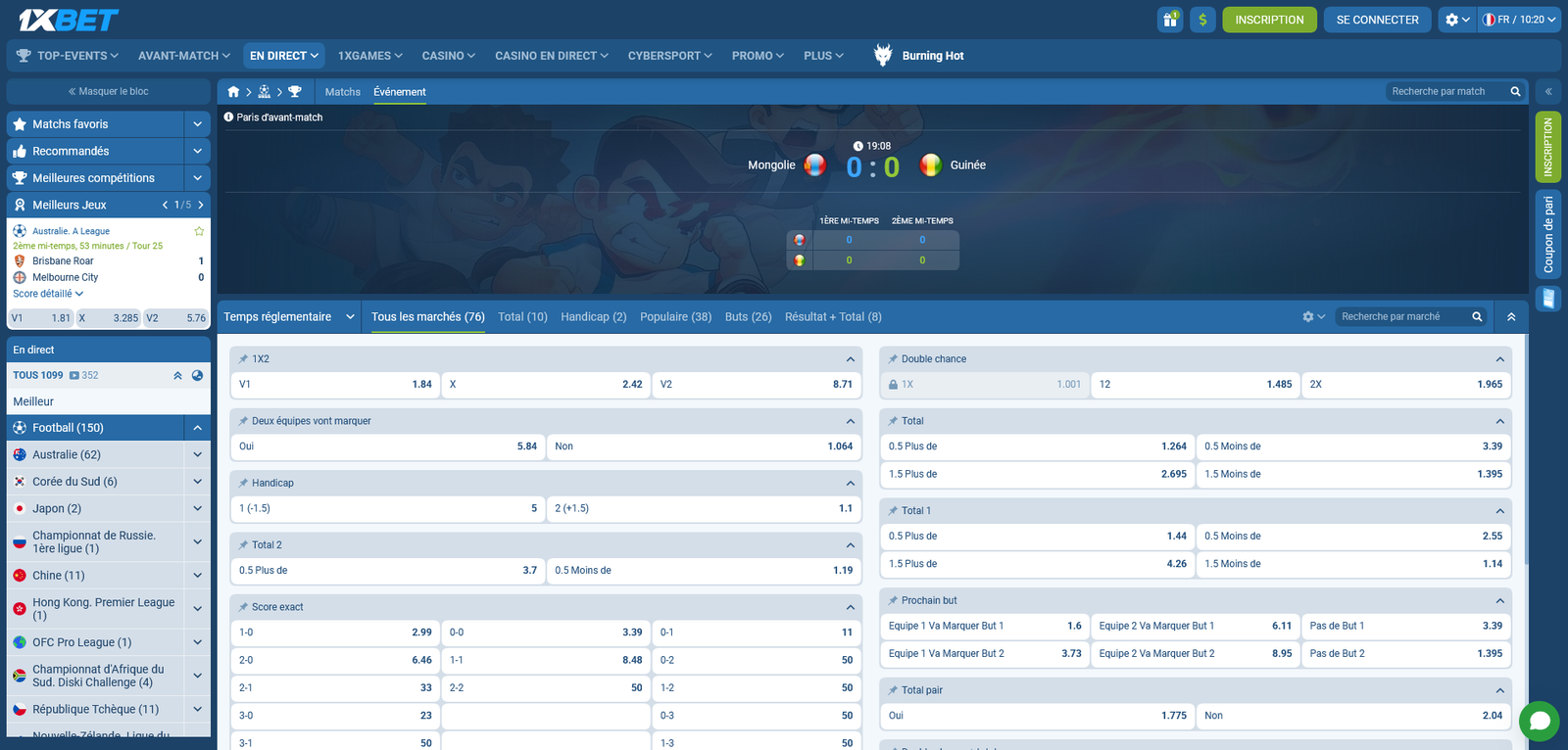 Section paris sportifs et football 1xBet Guinée