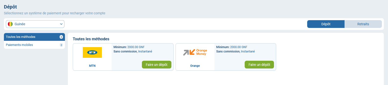 Méthodes de paiement 1xBet Guinée