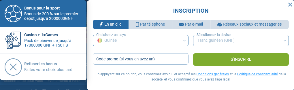 Formulaire d’inscription 1xBet Afrique avec code promo