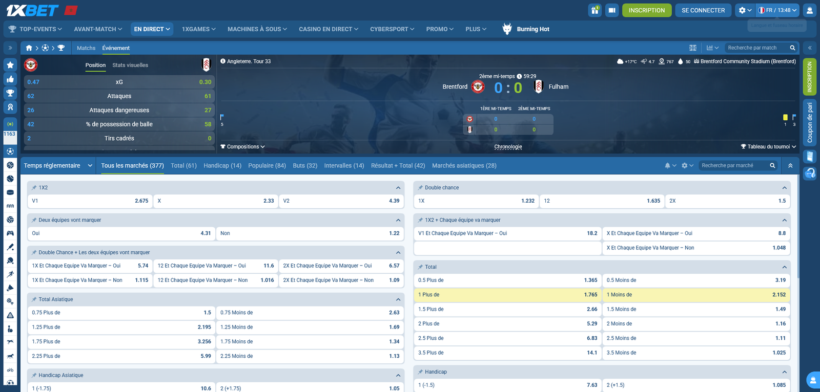 Interface live betting 1xBet Maroc