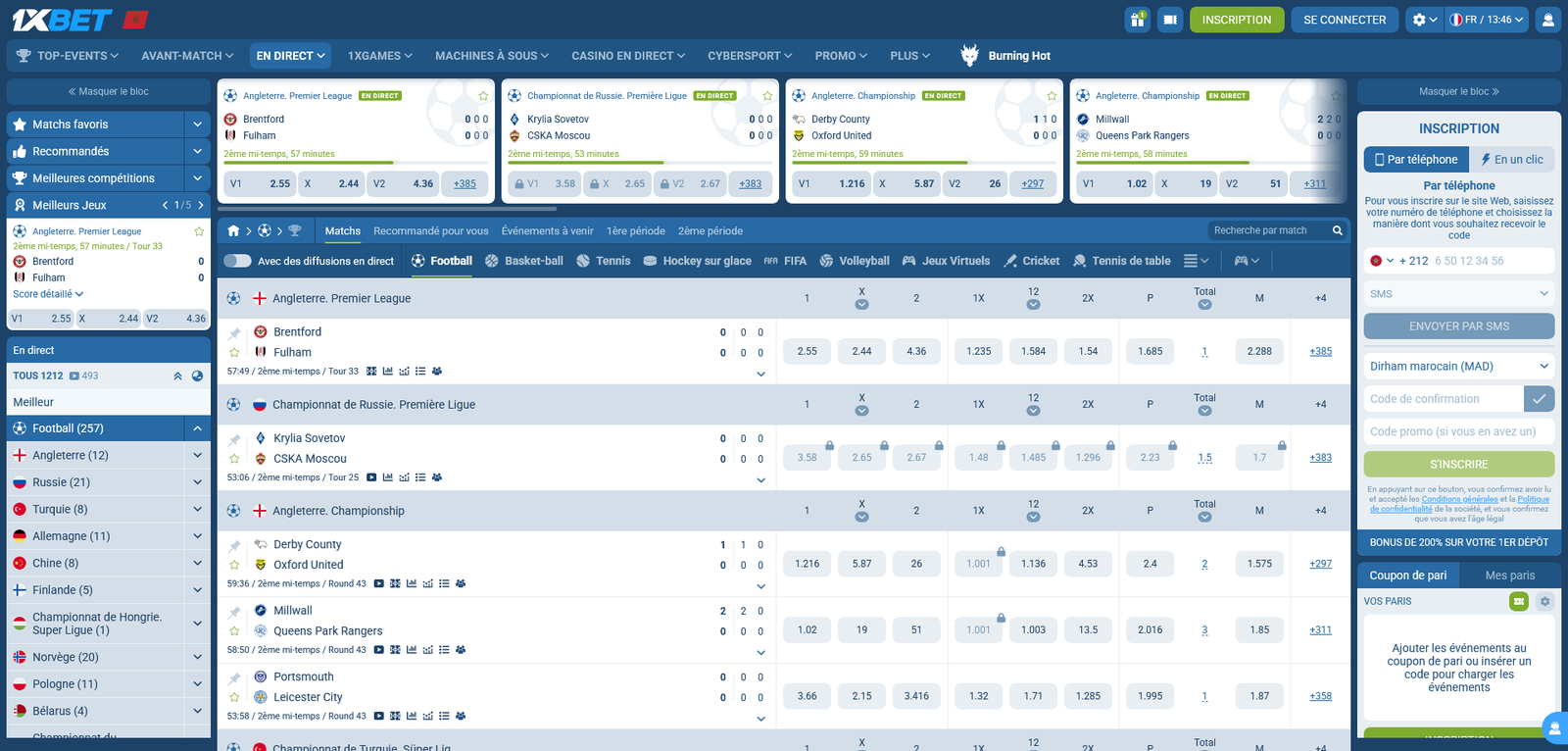 Section paris sportifs et football 1xBet Maroc