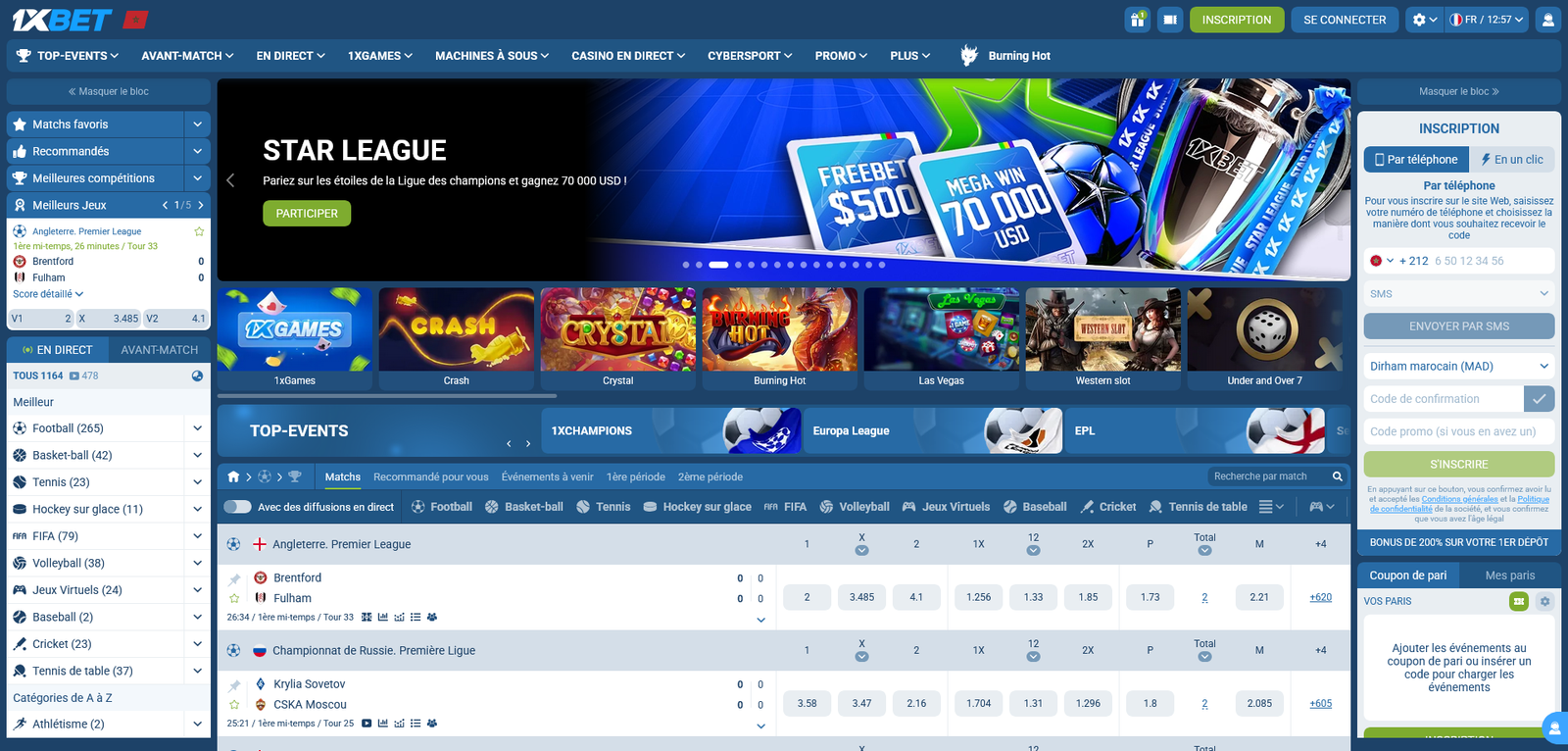 Capture d’écran homepage 1xBet Maroc