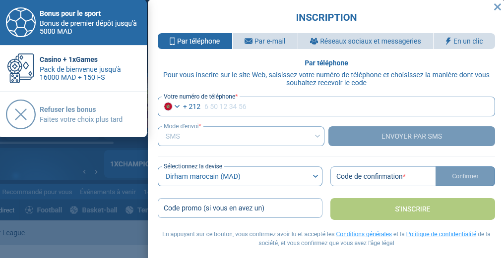 Formulaire d’inscription 1xBet Maroc avec code promo