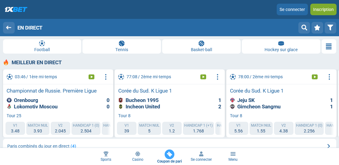 Interface live betting 1xBet Sénégal