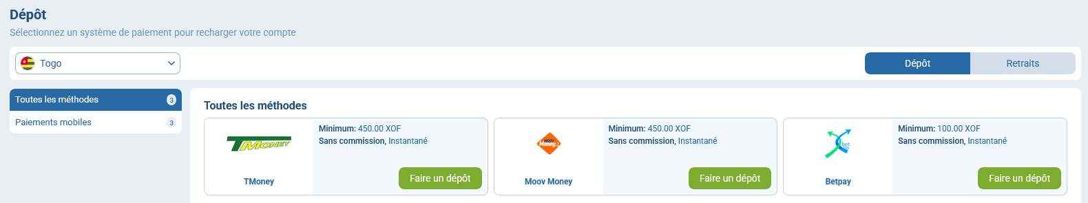 Méthodes de paiement 1xBet Togo