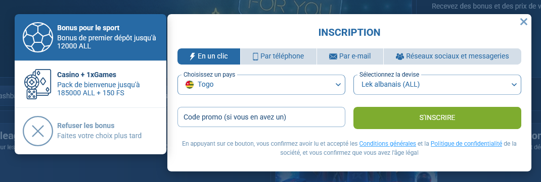 Formulaire d’inscription 1xBet Togo avec code promo